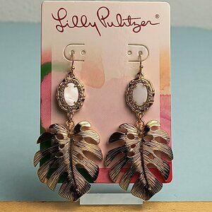 Lilly Pulitzer Statement Earrings Monstera Banana Leaf Gold Metallic Tropical